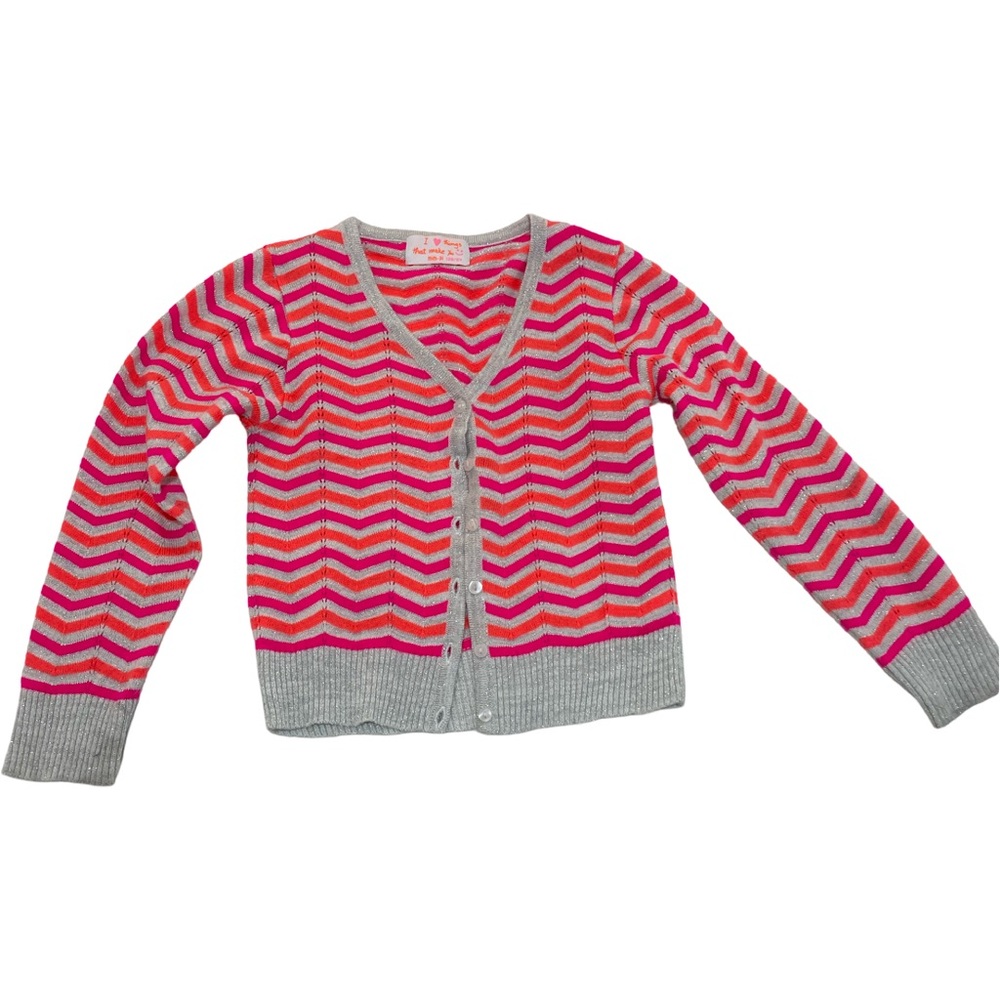 EUC Mim-Pi Girls Size 8 Chevron Patterned Pink, Orange & Gray Cardigan